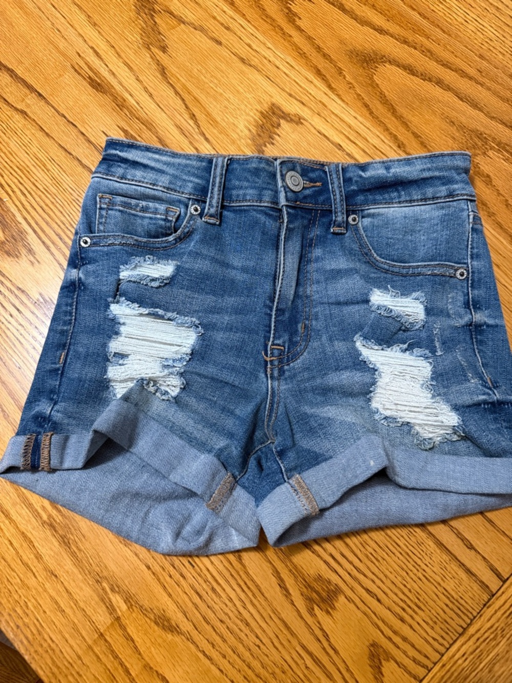 Aeropostale Distressed Blue Denim Roll-Cuff Shorts